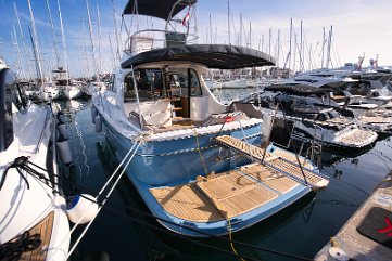 Ready for Adriatic Adventure Stern view of the Adriana 44 Fly, showcasing the generous bathing platform.