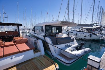 Charter Base Kastela - Stern View Easy access to the sea via the bathing platform. 'Tireless' is perfectly located for exploring the Split archipelago.