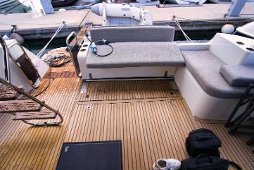 Motor boat Swift Trawler 41 - Teak Deck Detail High-quality teak finish in the cockpit of 'Swift Home', adding a touch of luxury to this practical cruiser.